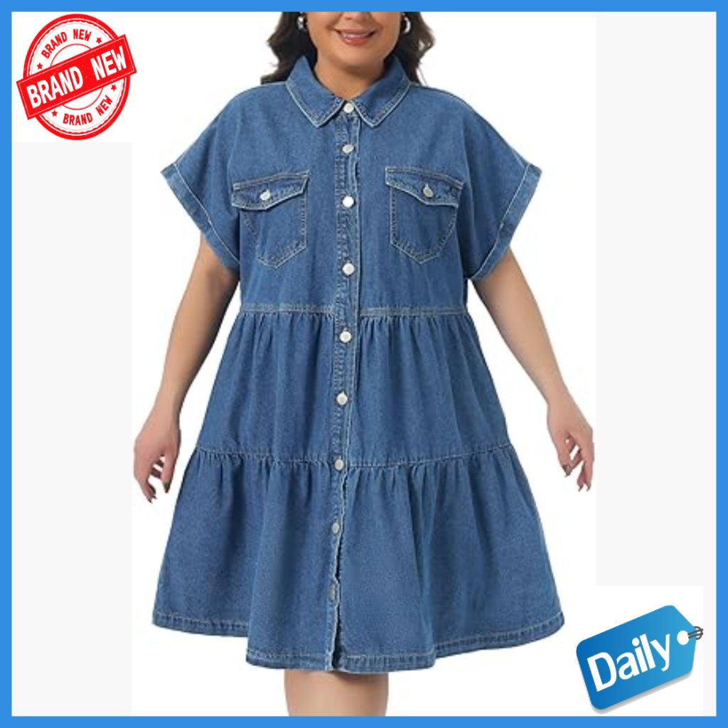 Plus Size Denim Babydoll Dress Button Down Tiered Pockets Casual